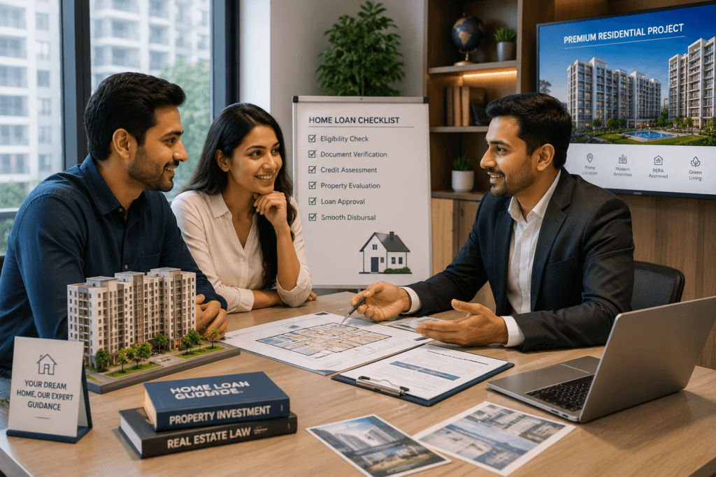 Real estate consultant guiding homebuyer through loan process